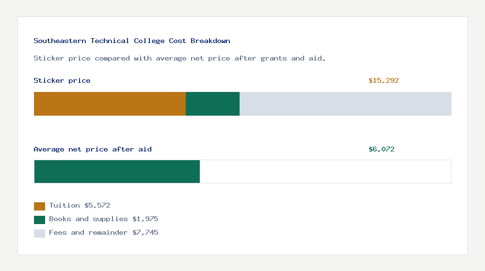 Southeastern Technical College cost of attendance breakdown - $5,572 tuition vs $6,072 average net price after financial aid