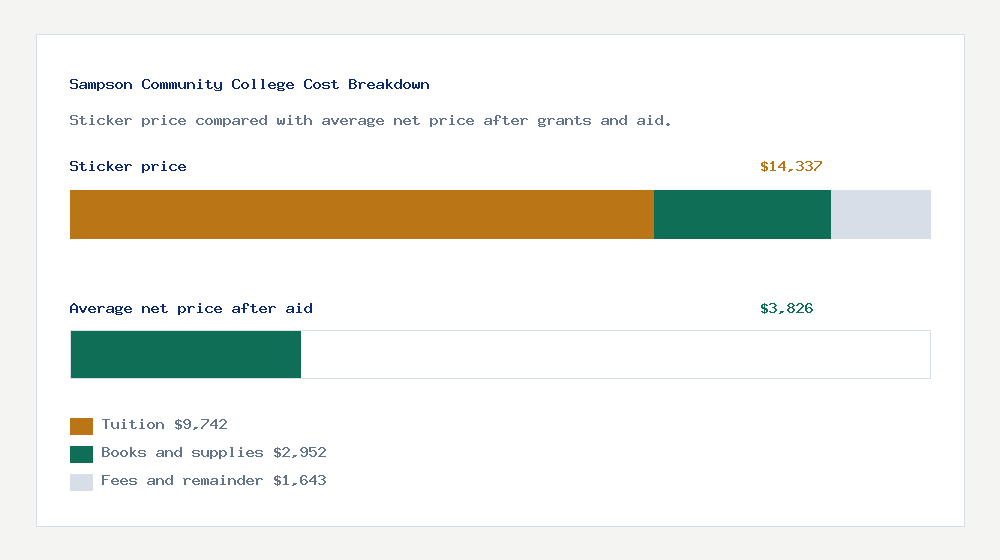 Sampson Community College cost of attendance breakdown - $9,742 tuition vs $3,826 average net price after financial aid