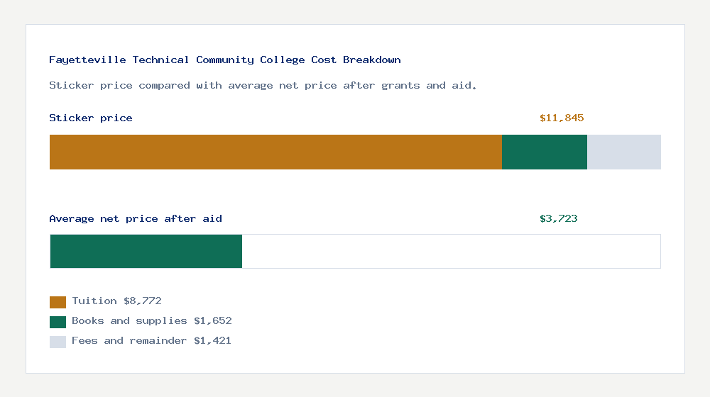 Fayetteville Technical Community College cost of attendance breakdown - $8,772 tuition vs $3,723 average net price after financial aid