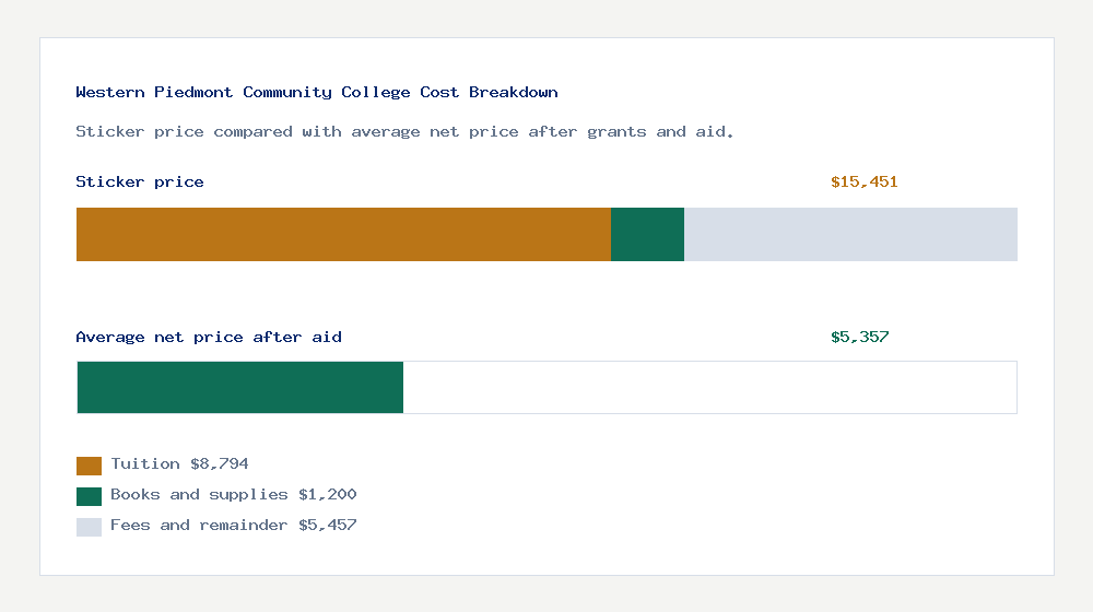 Western Piedmont Community College cost of attendance breakdown - $8,794 tuition vs $5,357 average net price after financial aid